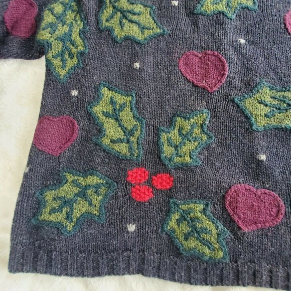 Vintage 90s Chunky 100% Wool Dark Gray Heart Sweater Holly Berries Sz Large - Picture 6 of 10